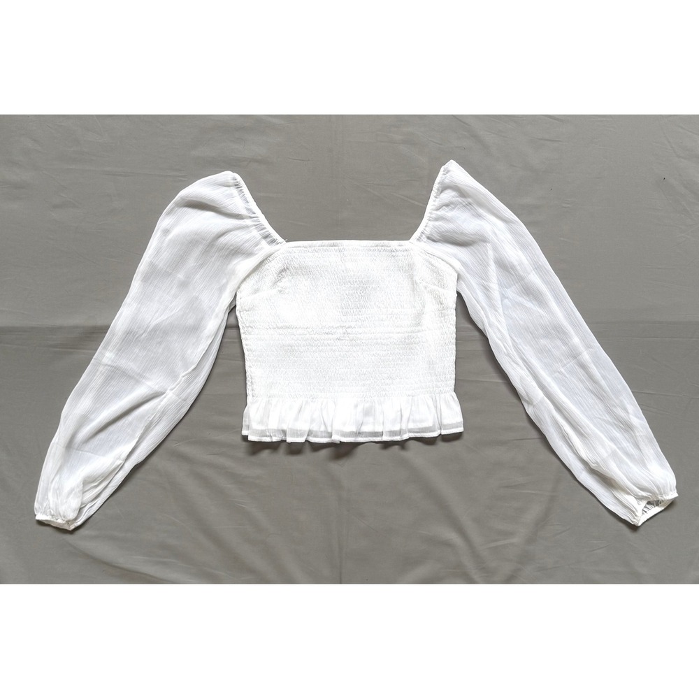 Y2K Hollister‎ White Smocked Crop Sheer Balloon Sleeve Square Neck Medium
